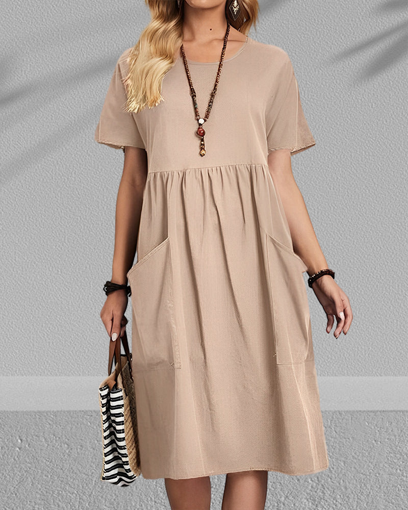 Round neck pleated short sleeve dress