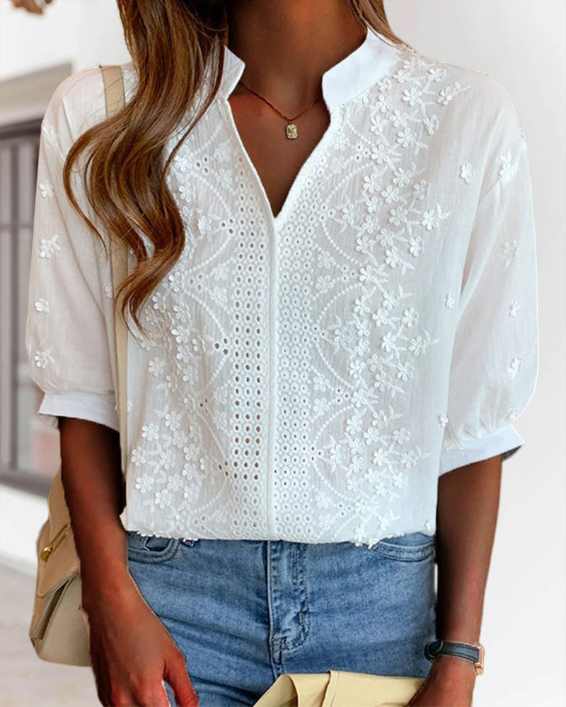 Solid color v-neck short-sleeved blouse