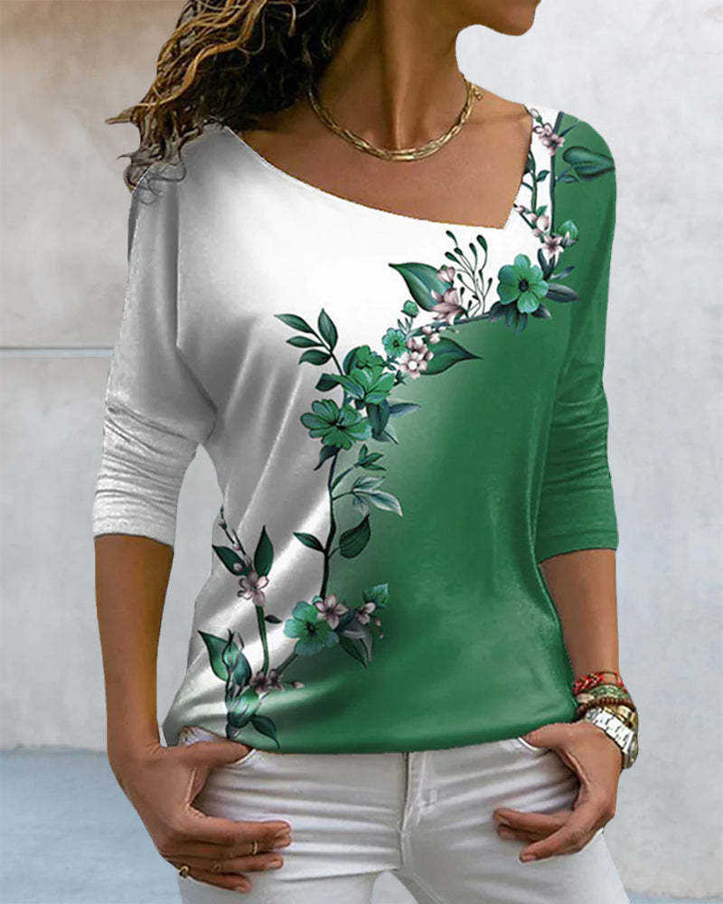 Floral Print V-neck Long Sleeved Top