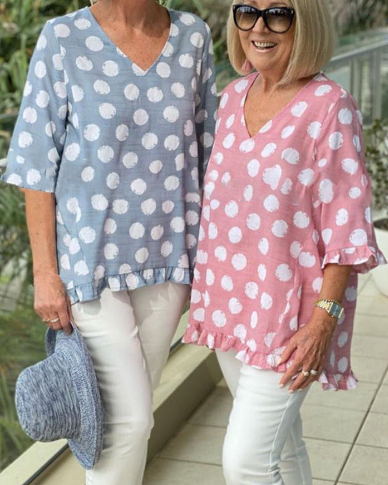 V Neck Polka Dot Print Tops