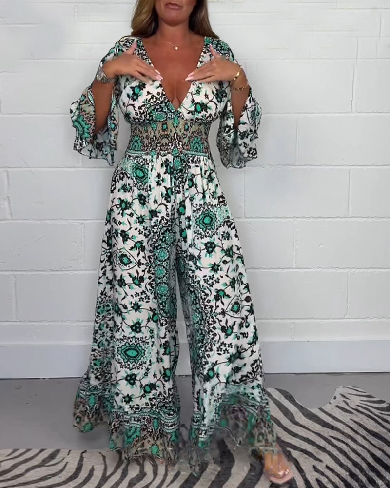 Printed deep V-neck jumpsuit