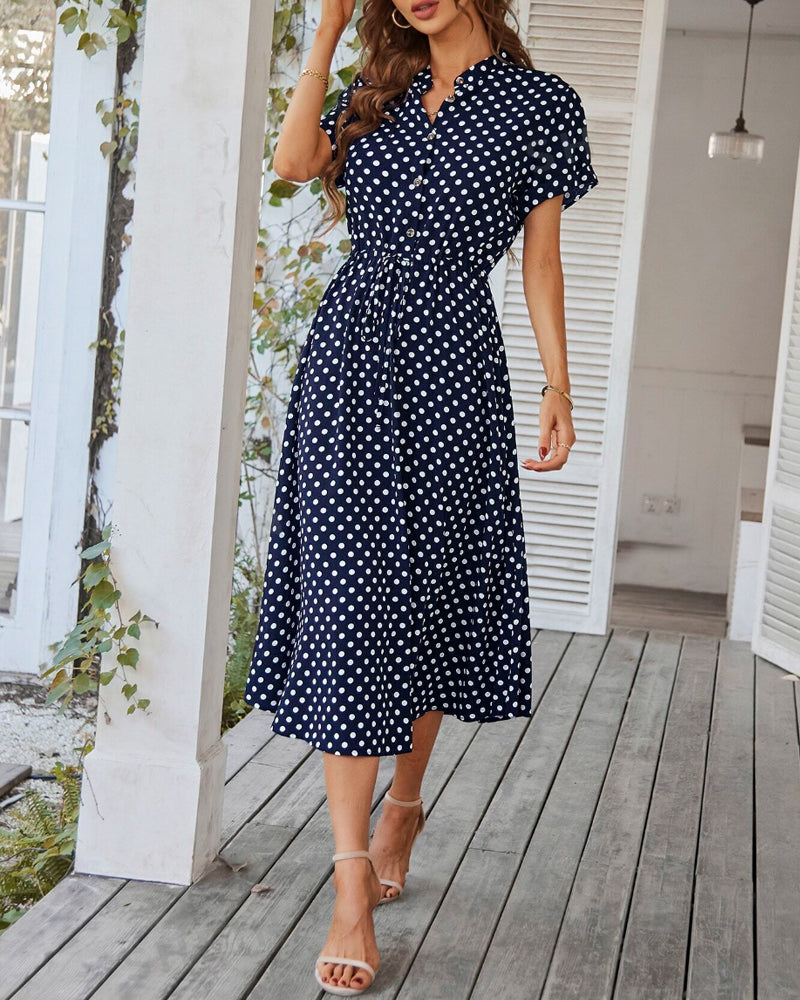 Polka Dot Drawstring Button Dress
