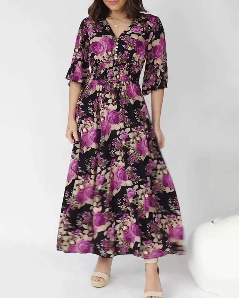 Floral Print V Neck Maxi Dress