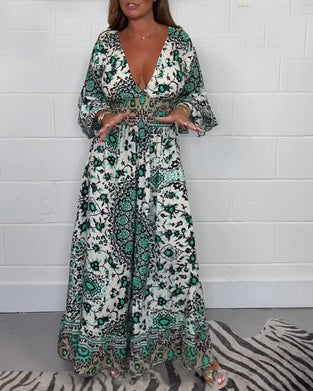 Printed deep V-neck jumpsuit