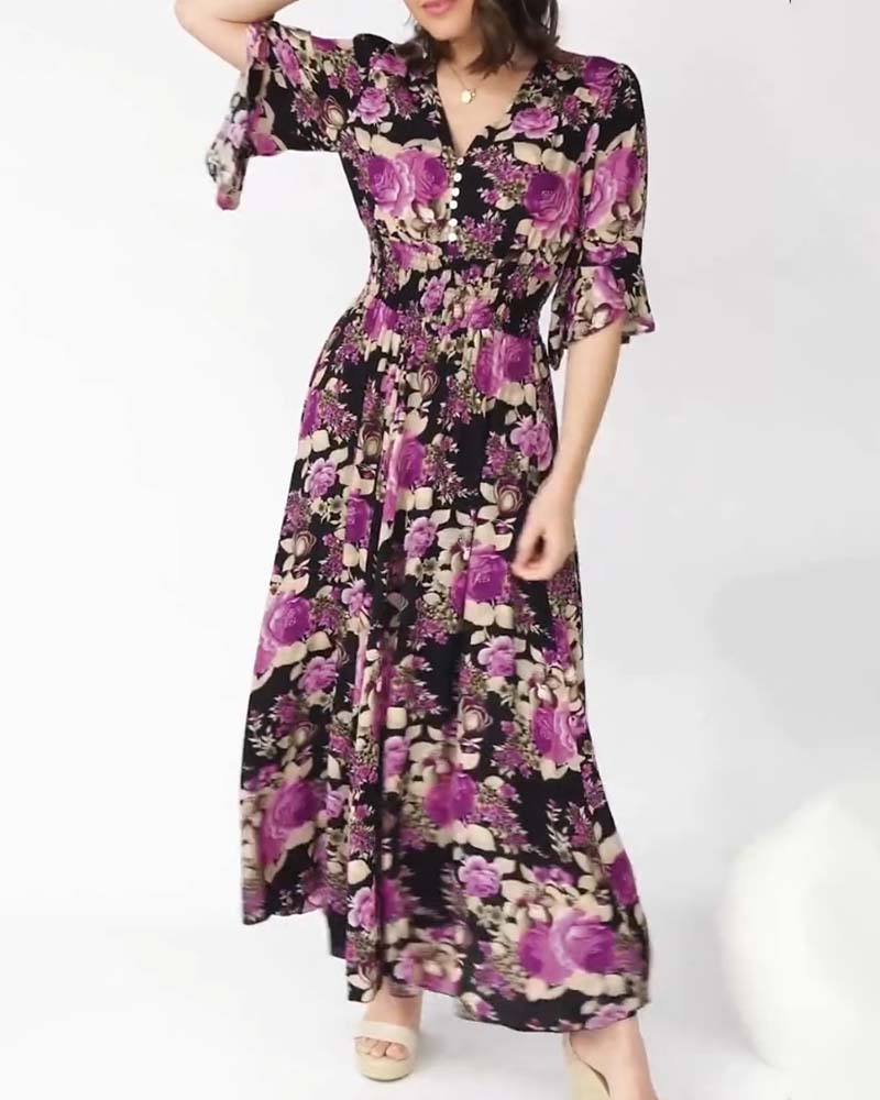 Floral Print V Neck Maxi Dress