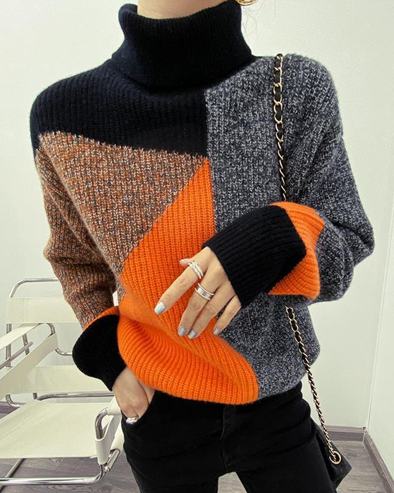 Chic High Neck color block Pullover
