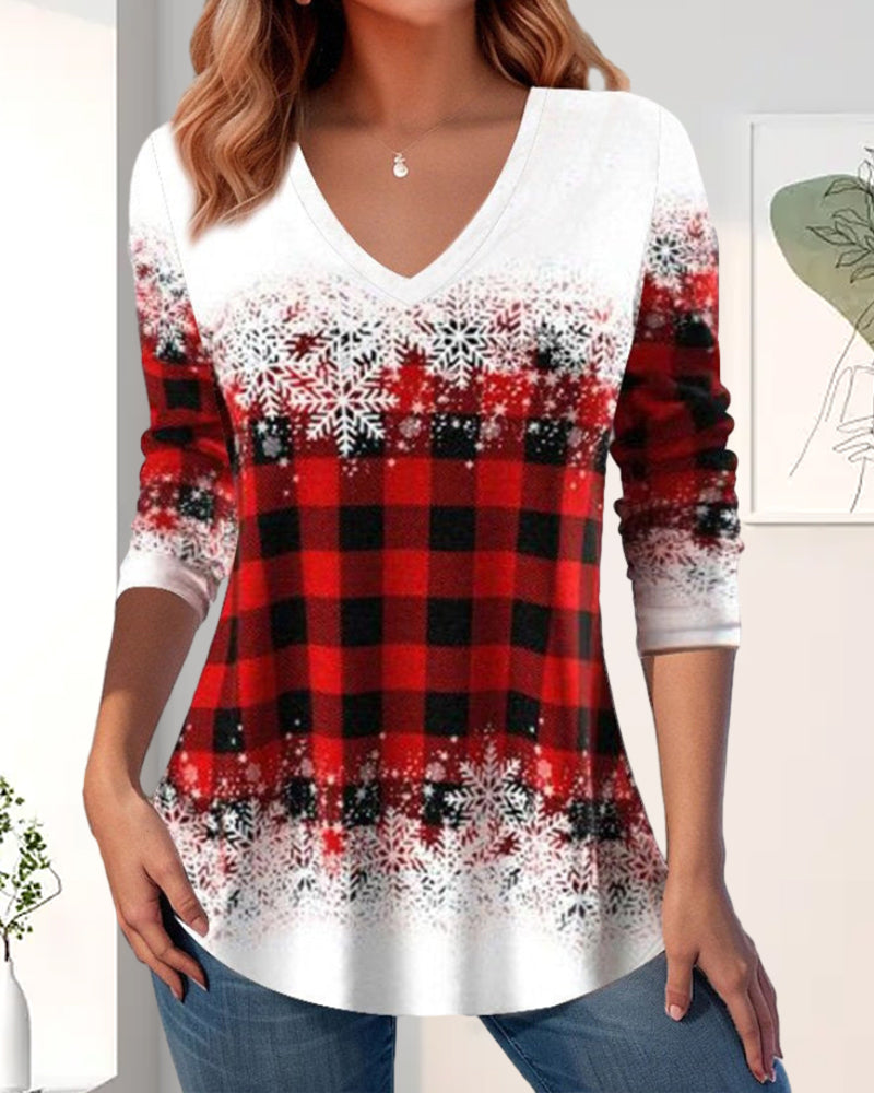 Christmas plaid print v-neck top