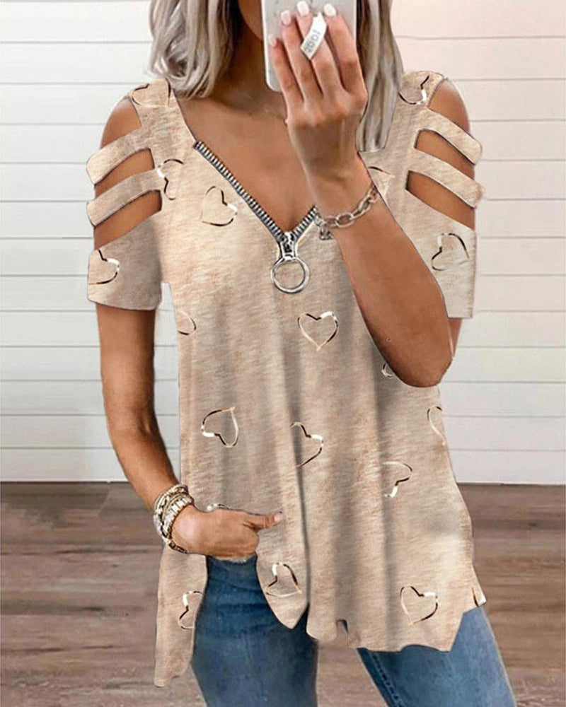 Heart Print Zip Top