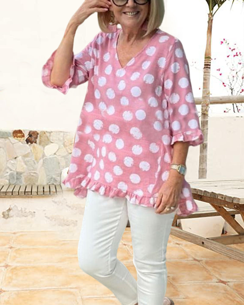 V Neck Polka Dot Print Tops
