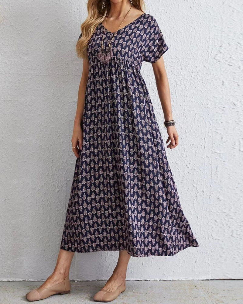 V neck short sleeve long dress