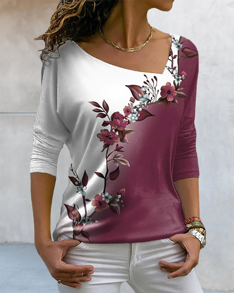 Floral Print V-neck Long Sleeved Top
