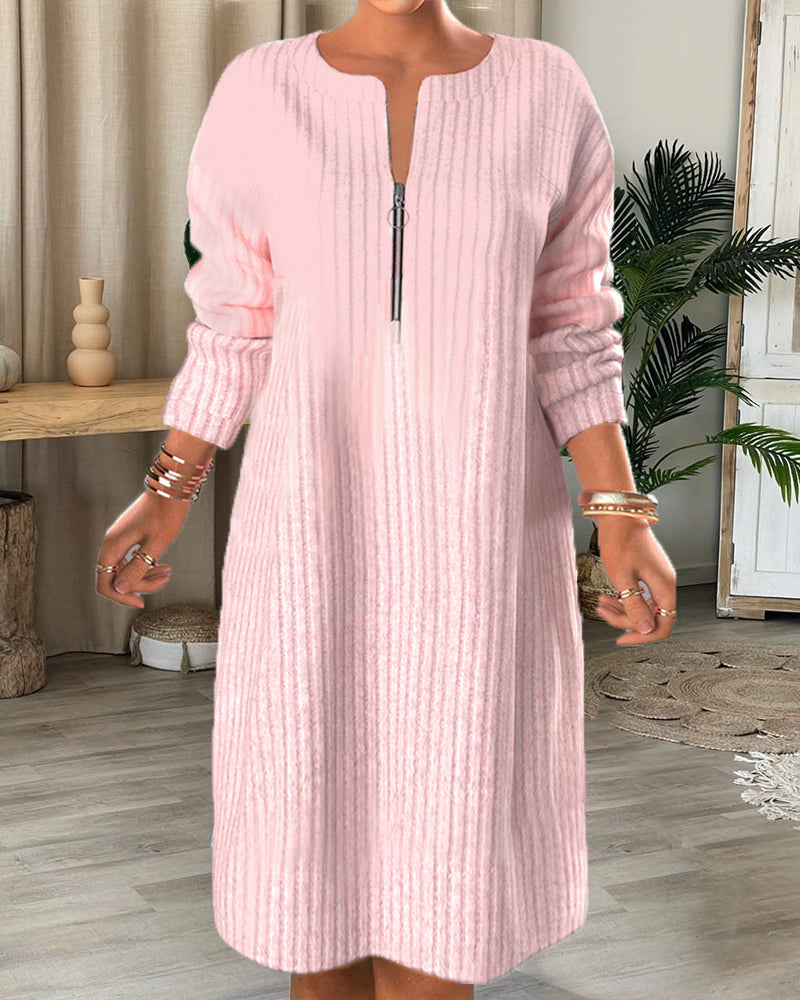 Solid Color Zipper Neck Dress