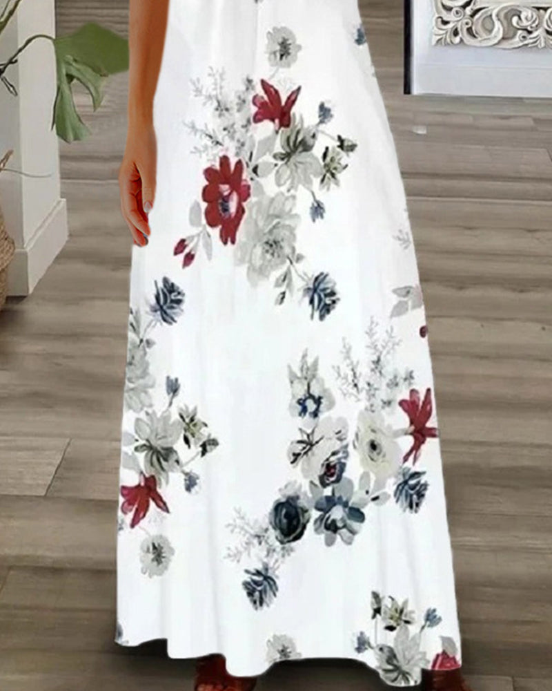 Floral print lace short sleeve long dress