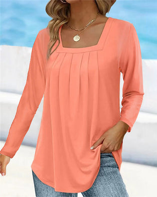 Square neck pleated long sleeve top