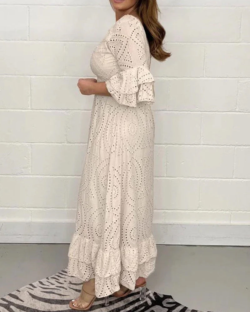 Loose solid color v neck high waist dress