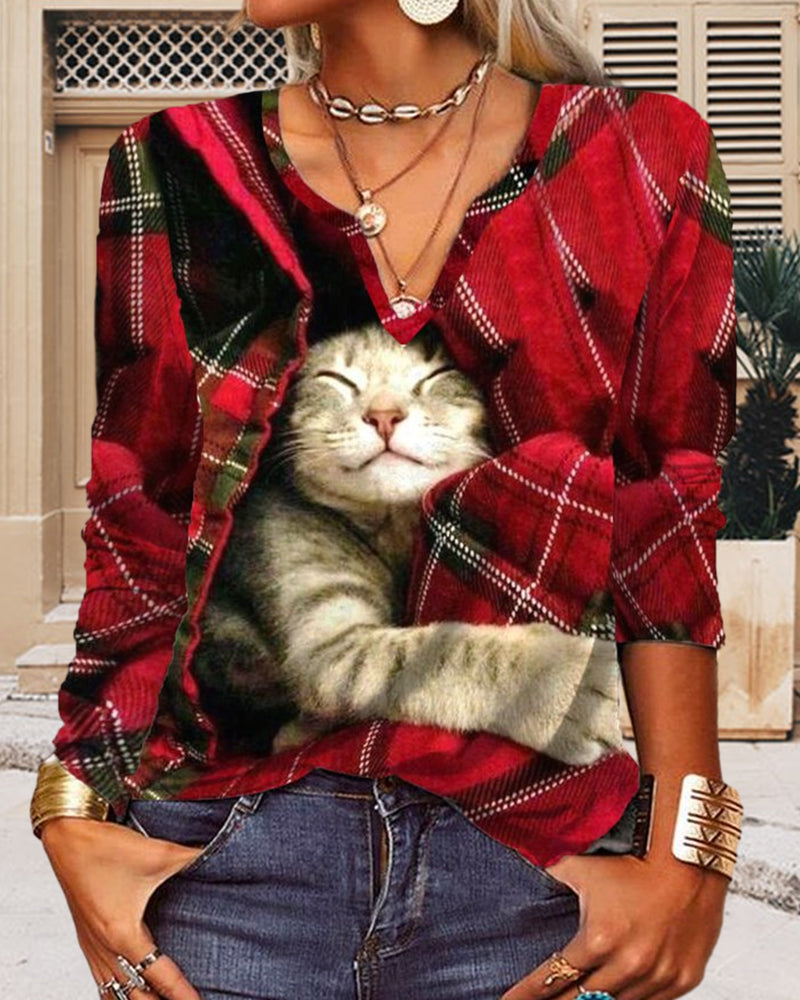 Cat patchwork long-sleeved top