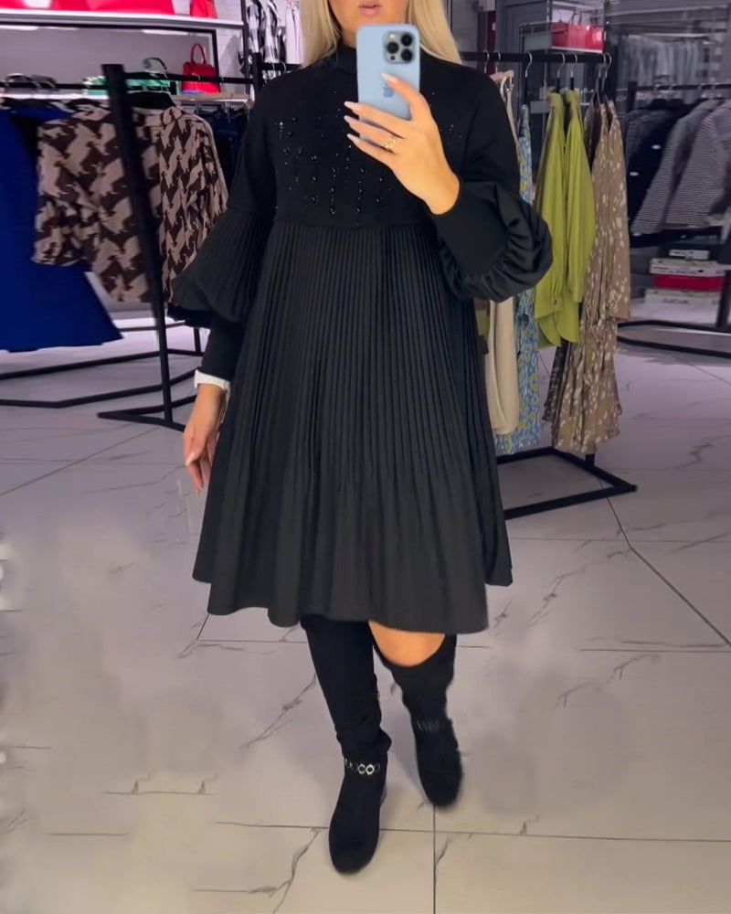 Balloon sleeve stand collar dress