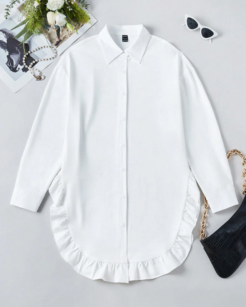 Lapel ruffled solid color shirt