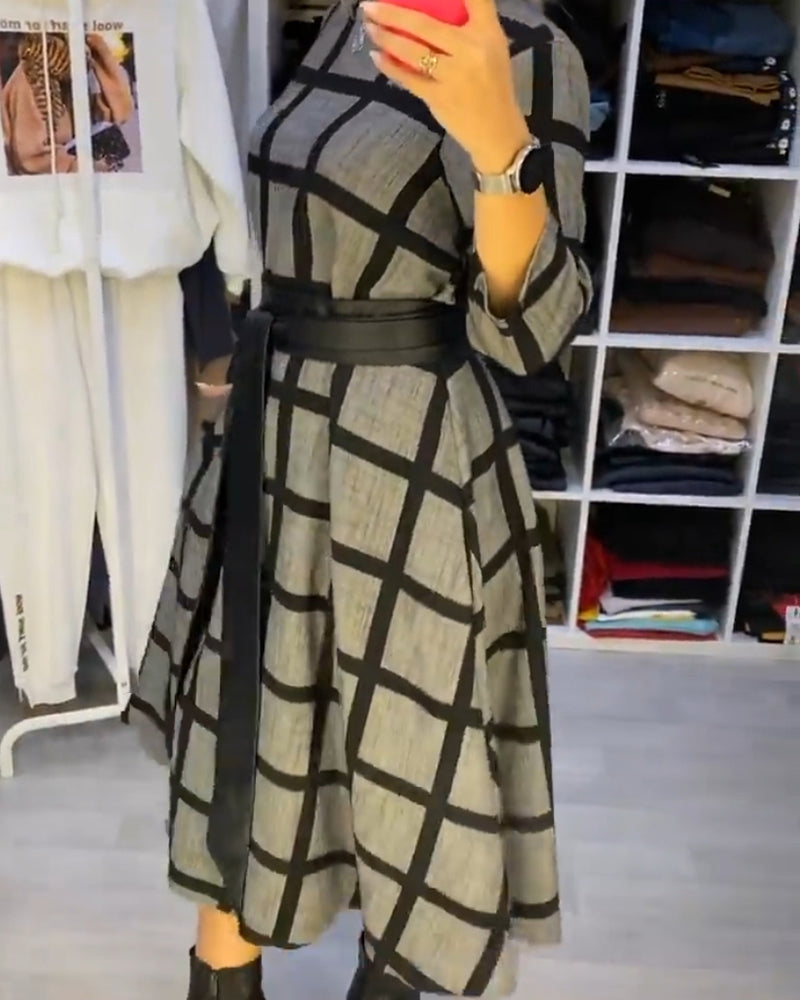 A-Line Round Neck Plaid Dress