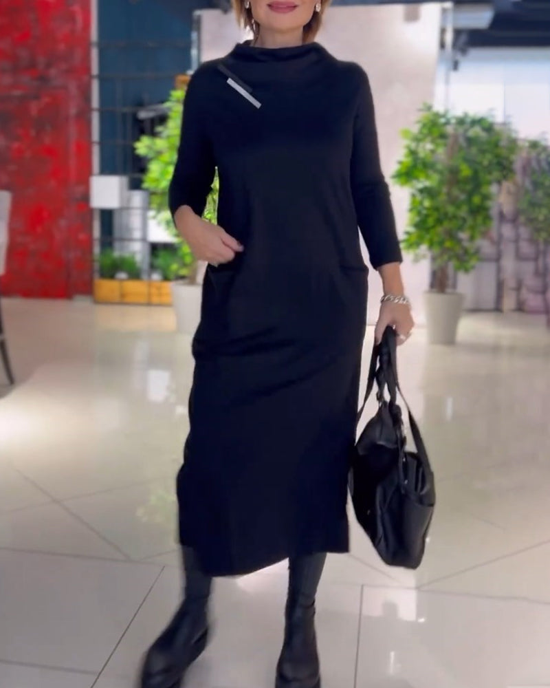 Solid Color Crew Neck Pocket Dress