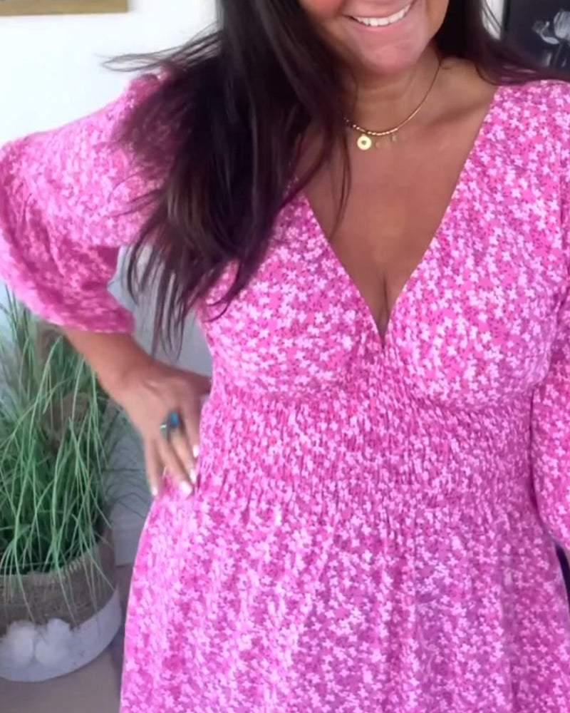 Printed V-neck Flare Sleeve Dress