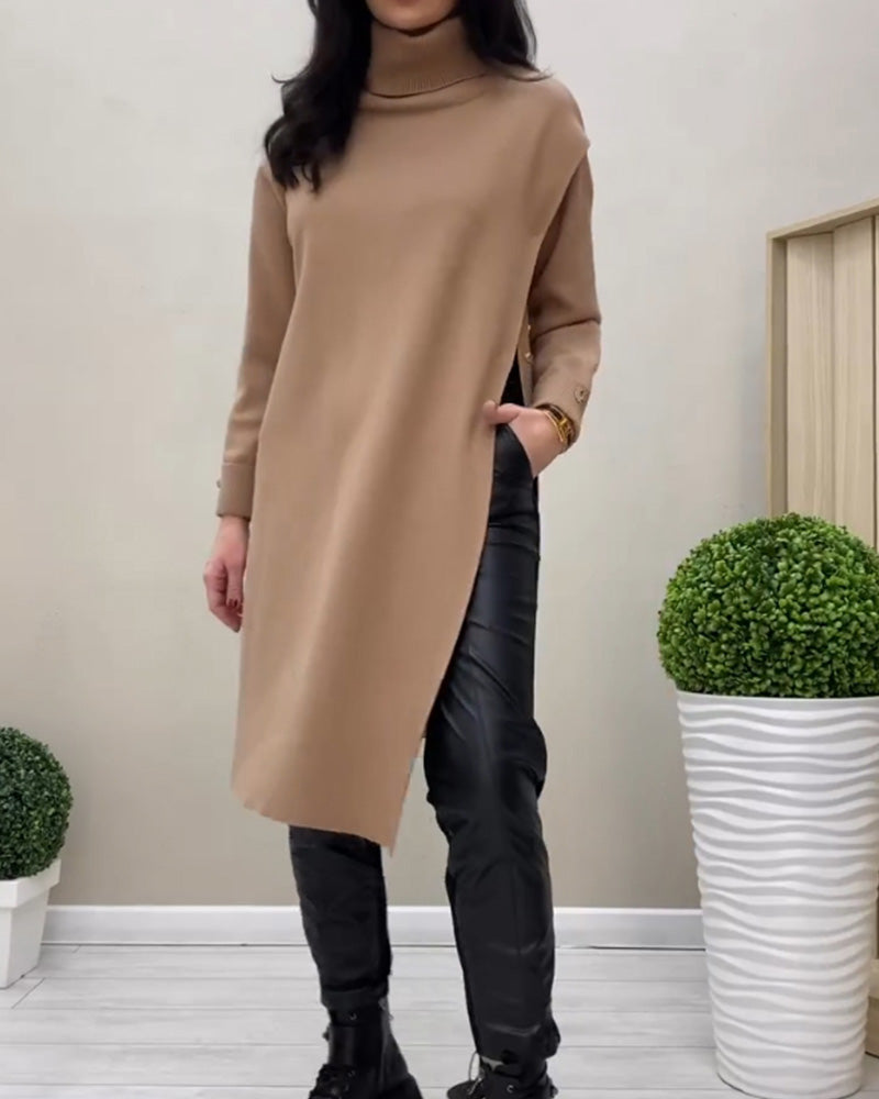 Side slit turtleneck sweater dress