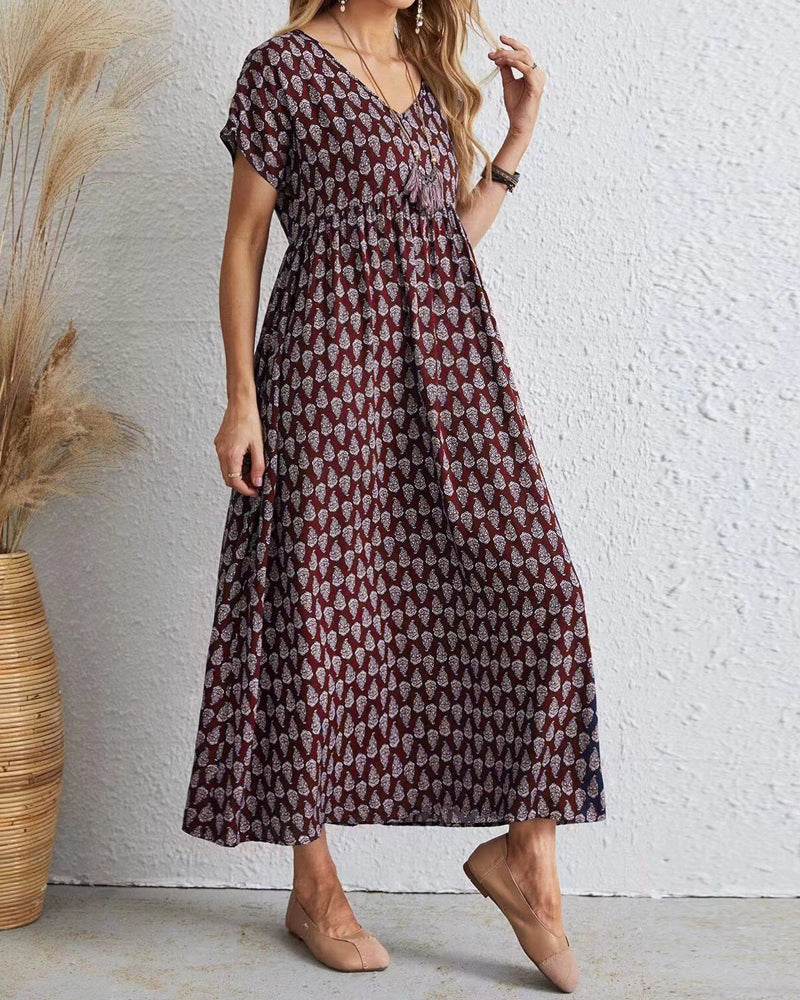 V neck short sleeve long dress