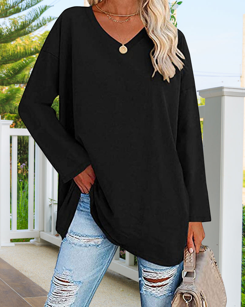 Plain v-neck long-sleeved women's t-shirt