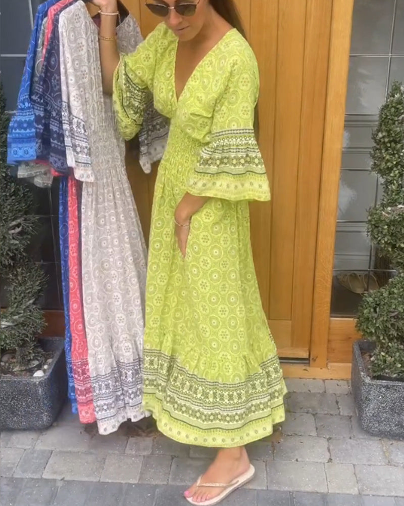 Deep V Flare Sleeve Long Dress