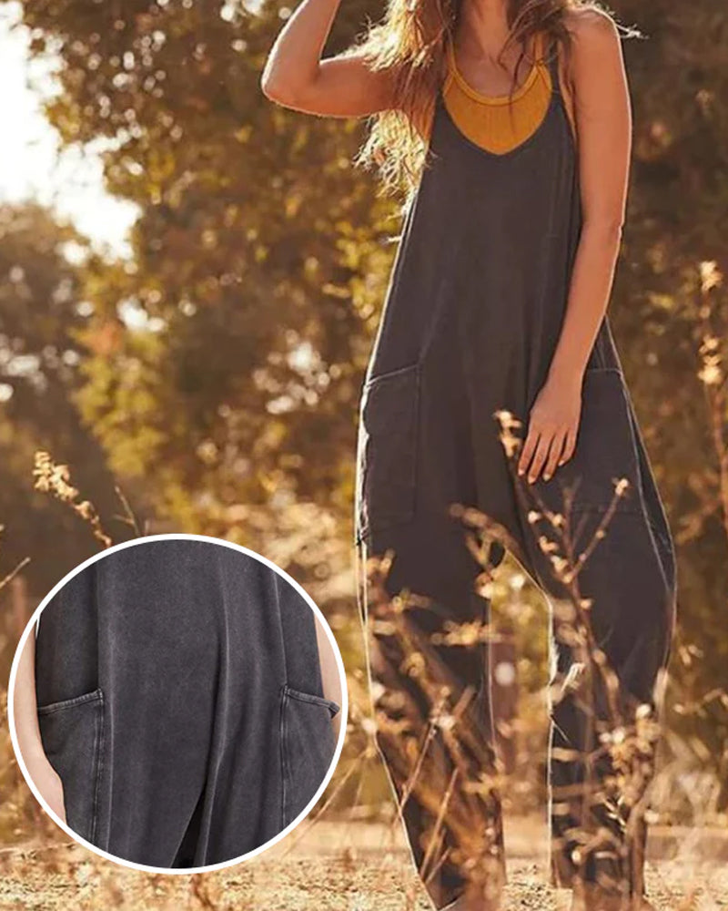 Solid v-neck sling pocket jumpsuit