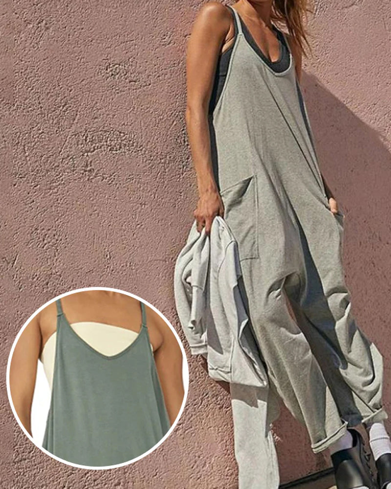 Solid v-neck sling pocket jumpsuit