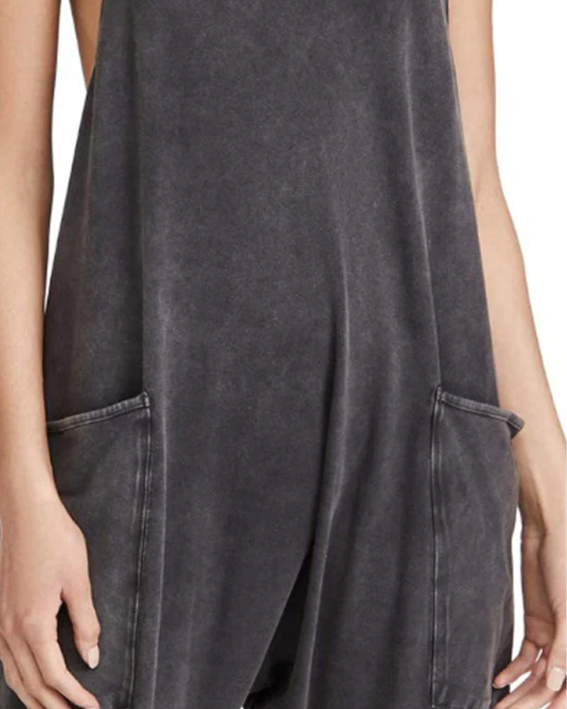 Solid v-neck sling pocket jumpsuit