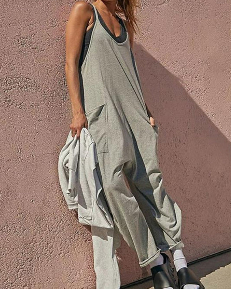 Solid v-neck sling pocket jumpsuit