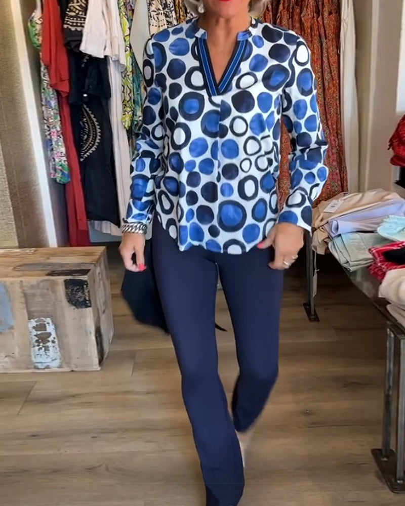 Polka dot print V-neck long-sleeve blouse