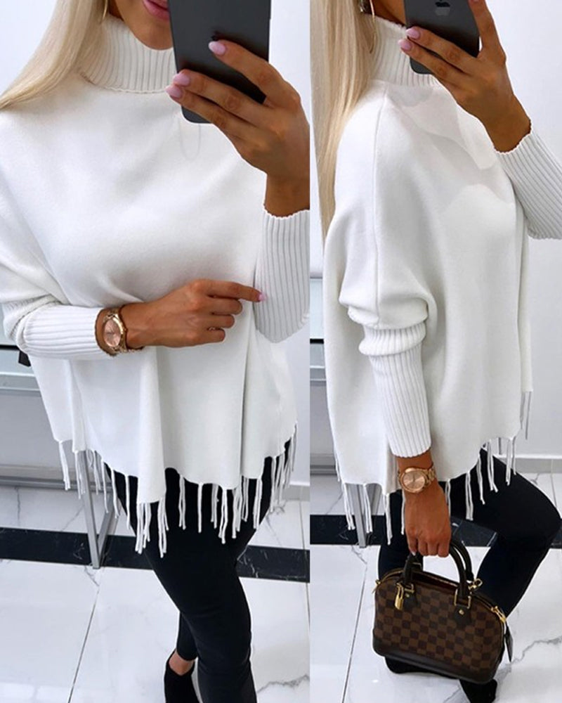 Women's turtleneck fringed pullovers