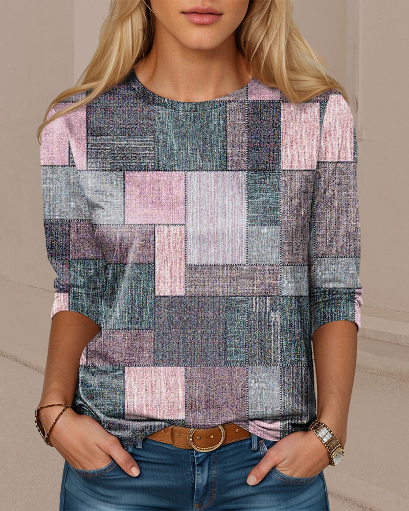 Color block checkered long sleeve top
