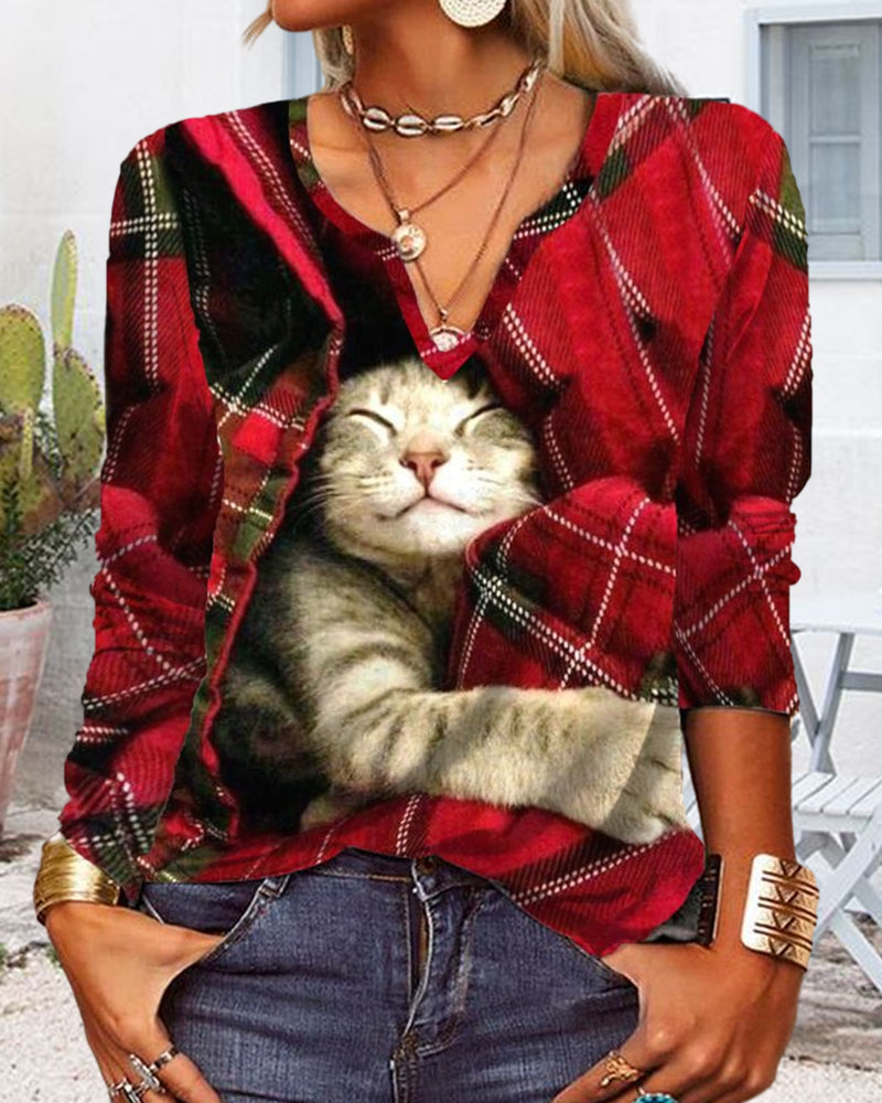 Cat patchwork long-sleeved top