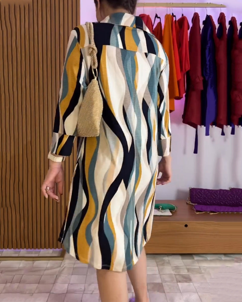 Button lapel casual printed dress