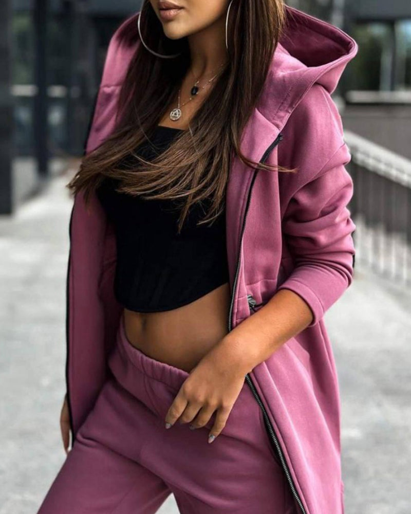 Solid color coat and trousers two-piece set