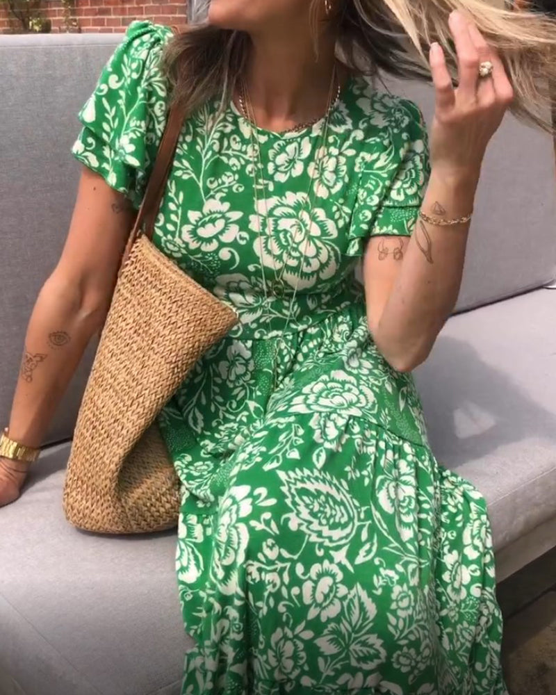 Floral Print Short Sleeve Long Dress