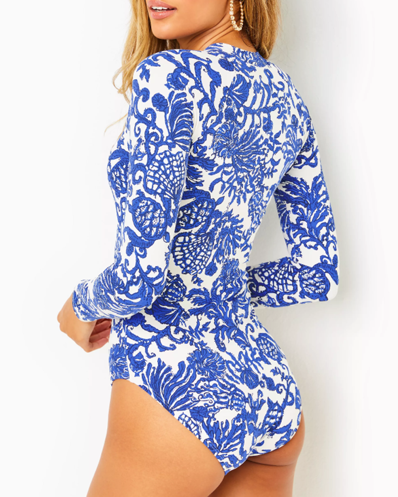 Zippered printed one-piece swimsuit