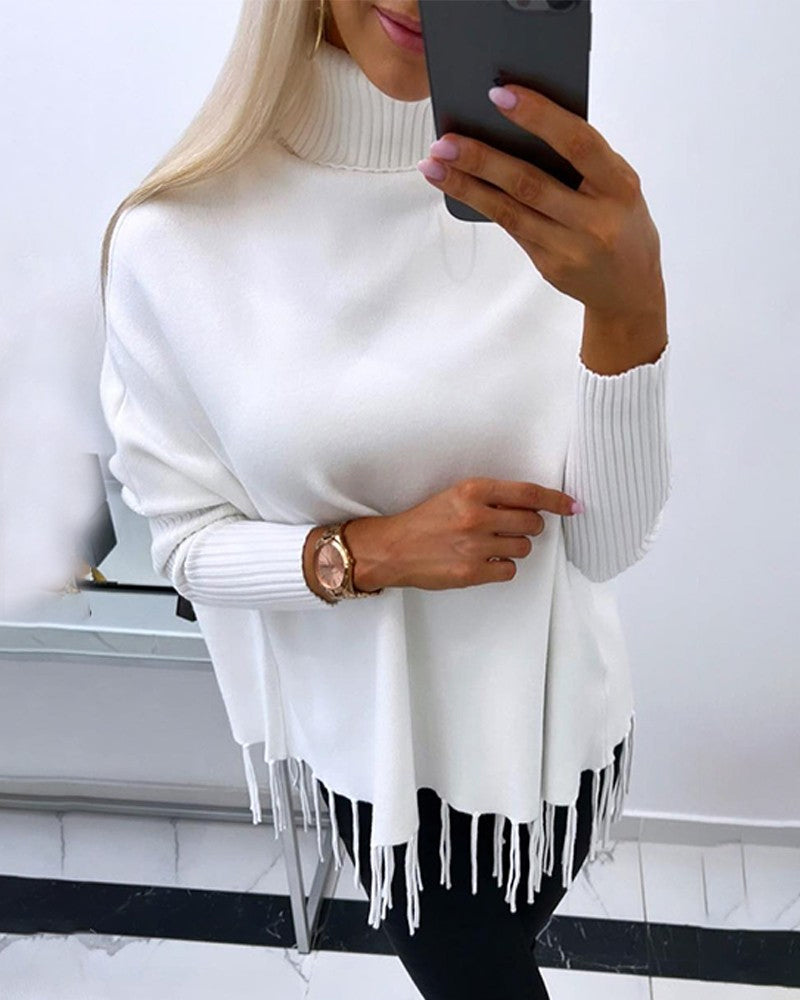 Women's turtleneck fringed pullovers