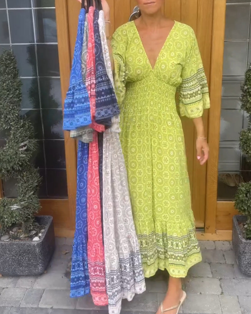 Deep V Flare Sleeve Long Dress