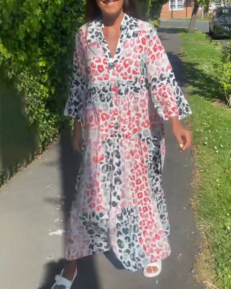 V-neck printed ruffle casual dress