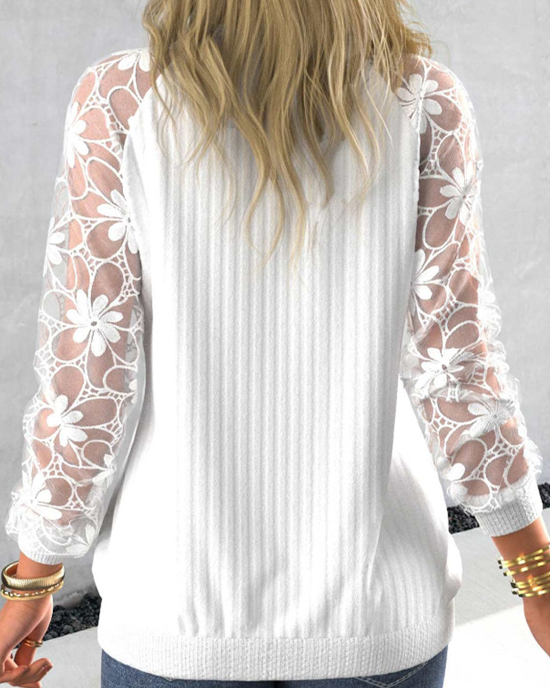 Lace V neck Long Sleeve solid color Sweatshirt