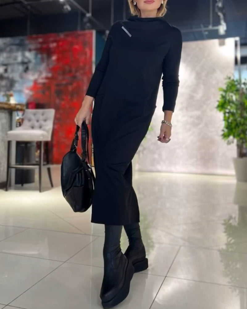 Solid Color Crew Neck Pocket Dress