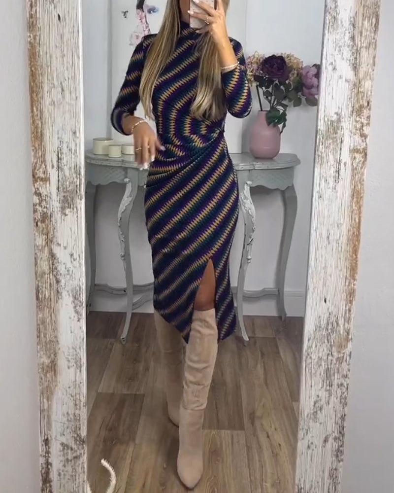 Fashionable Striped High Neck Dress