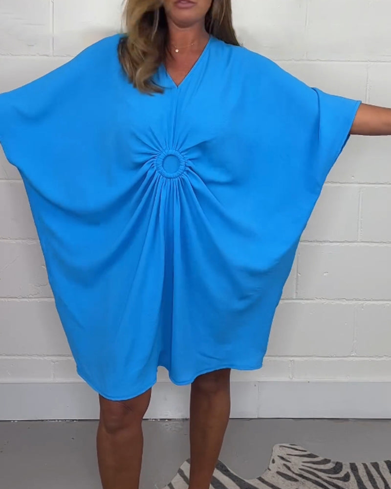 Bat sleeve solid color V-neck dress