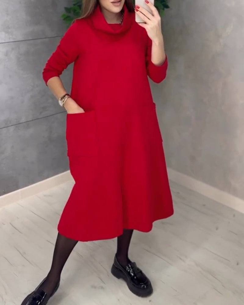 Solid color turtleneck pocket dress