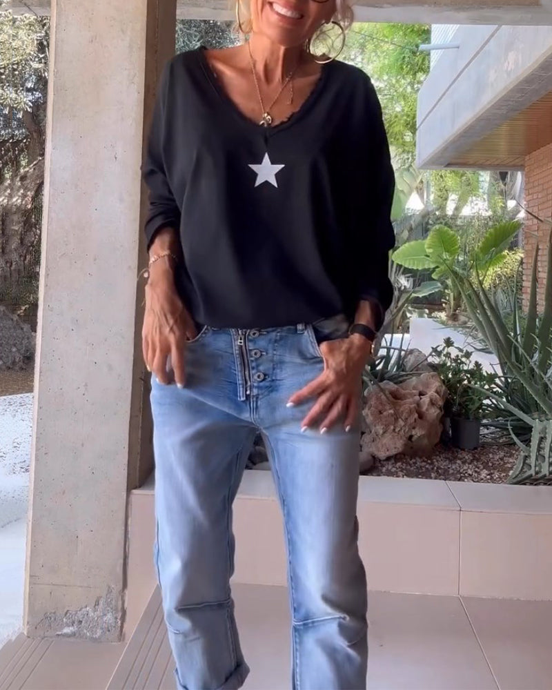 V-Neck Star Printed Top